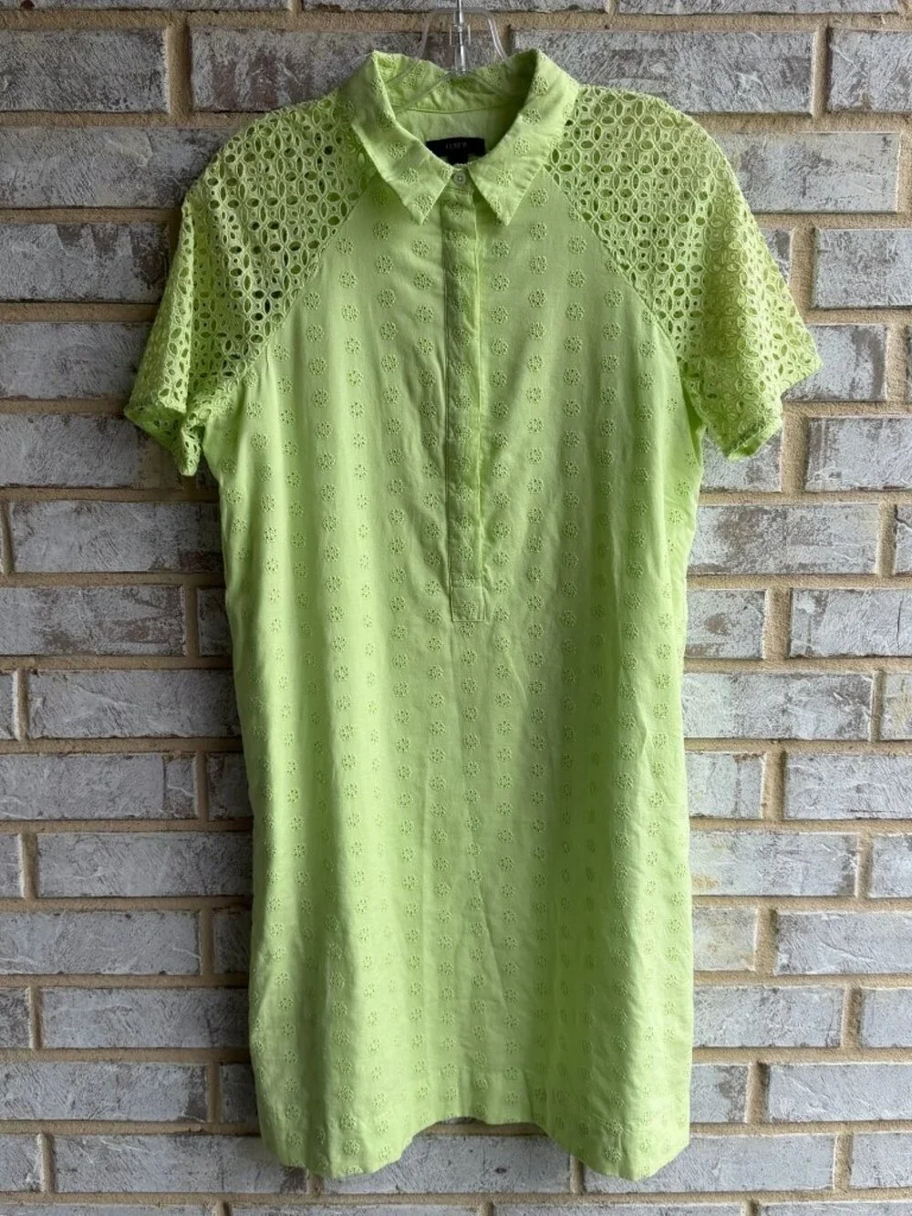 J. Crew Short Sleeve Button Collared Eyelet Lace Kiwi Green Shirt Dress Size 4